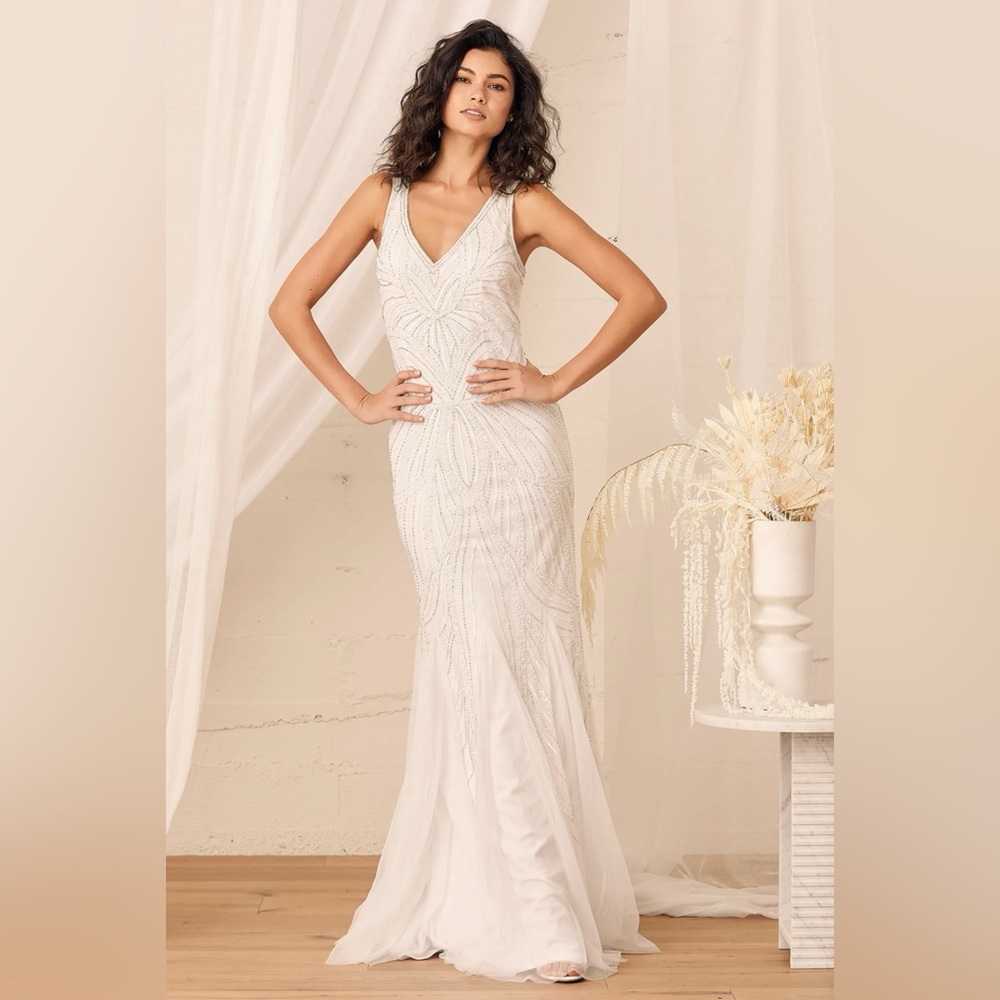 NWOT Lulu Make Them Marvel White Beaded Mermaid Maxi Dress